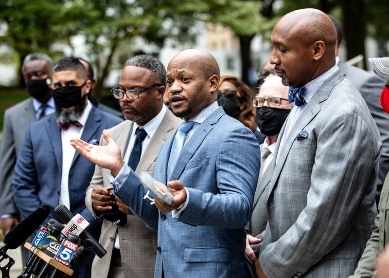 L. Chris Stewart talks at a press conference called by nearly two dozen attorneys who are currently suing the city of Atlanta on behalf of different clients. STEVE SCHAEFER / SPECIAL TO THE AJC 