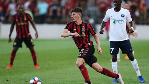 June 10, 2019 Kennesaw- Emerson Hyndman, 16, midfielder for Atlanta United, dribbles the ball during the first half of a match between Atlanta United and Saint Louis FC at Kennesaw State University in Kennesaw, Georgia on Wednesday, July 10, 2019. Atlanta United and Saint Louis were tied 0-0 at the end of the first half. The match was Hyndman's first start for Atlanta United. Christina Matacotta/Christina.Matacotta@ajc.com