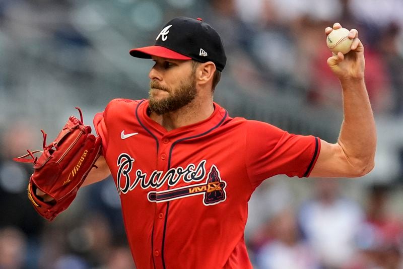 Atlanta Braves pitcher Chris Sale (51) delivers against the Cleveland Guardians during the first inning of a baseball game, Friday, April 26, 2024, in Atlanta. (AP Photo/Mike Stewart)