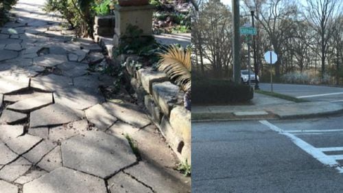 Photo exhibits from the lawsuit. On left, broken pavement on a Dixie Avenue sidewalk. On right, a missing ramp on the curb at Clifton Road and Ponce de Leon Avenue.