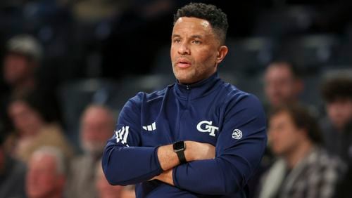Damon Stoudamire and the Georgia Tech Yellow Jackets will face Notre Dame Tuesday at 2 p.m. in the first round of the 2024 ACC tournament in Washington, D.C. (Jason Getz/jason.getz@ajc.com)