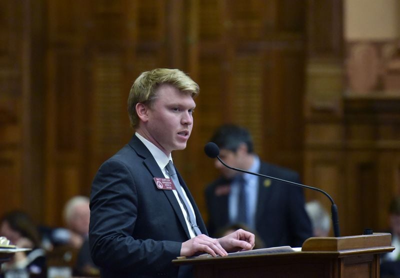 March 7, 2019 Atlanta - Rep. Matt Gurtler speaks to support HB 481, which would outlaw abortions once a doctor can detect a heartbeat in the womb, in the House Chambers during Crossover day at the Capitol on Thursday, March 7, 2019. Hundreds of bills hang in the balance at the Georgia Capitol on Thursday, the self-imposed deadline for legislation to pass at least one chamber. Dozens of bills ranging from the hotly contested to the mundane will be debated on Crossover Day, which occurs on the 28th business day of each year's 40-day legislative session. HYOSUB SHIN / HSHIN@AJC.COM