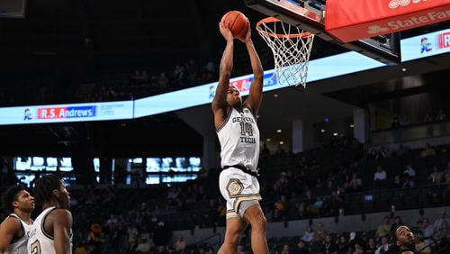 Georgia Tech forward goes up for a dunk in the Yellow Jackets' win over Florida Tech on Feb. 18, 2023 at McCamish Pavilion. (Danny Karnik/Georgia Tech Athletics)