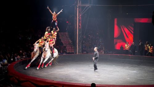 Performers build a five-man pyramid on horseback during a UniverSoul Circus performance Sunday in Atlanta. CONTRIBUTED BY STEVE SCHAEFER
