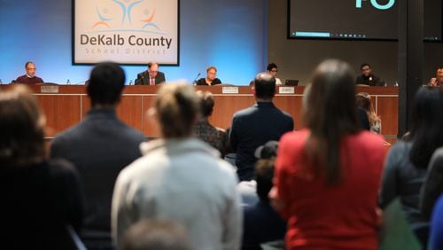 A crowd gathered before a public meeting of the DeKalb County Board of Education meeting at the DeKalb County School District headquarters in Stone Mountain. Education is one of the sectors Leadership DeKalb draws its members from. (Miguel Martinez/For the AJC)