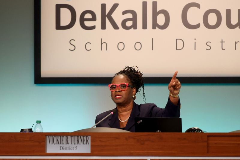  DeKalb County Board of Education chair Vickie Turner speaks during a meeting on April 18, 2022, in Stone Mountain, Georgia. The board declined to take action on Druid Hills High School. On April 26, the board fired Superintendent Cheryl Watson-Harris. (Jason Getz / Jason.Getz@ajc.com)