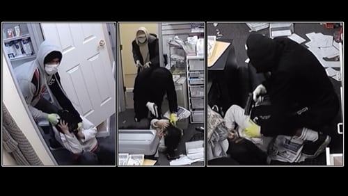 A woman was dragged and held at gunpoint by three men who robbed a Norcross pharmacy.