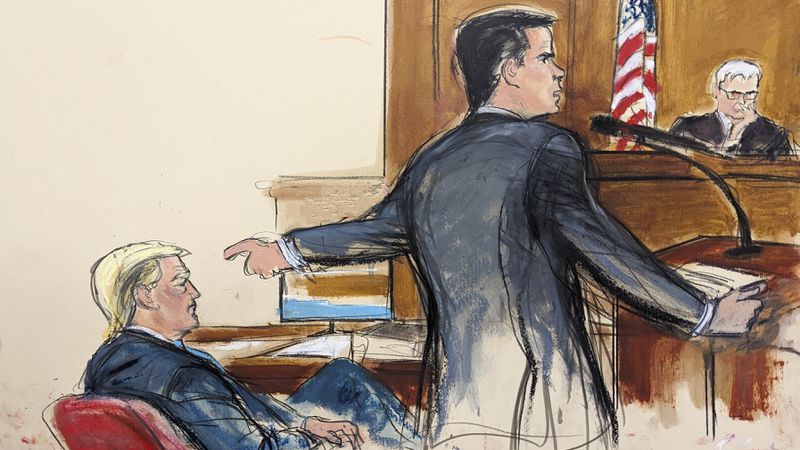 In this courtroom sketch, defense attorney Todd Blanche points at former President Donald Trump while giving his opening statement.