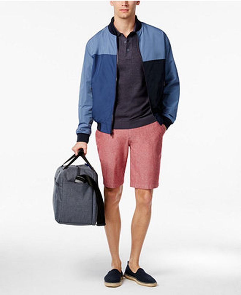 A sampling of his collection: Ryan Seacrest Distinction Rio Collection Bomber, Polo, Walk Shorts, Espadrilles and Weekender Bag, Only at Macy's $43.99 - 149.99