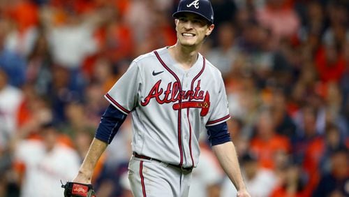 Braves starting pitcher Max Fried reacts after striking out Houston Astros shortstop Carlos Correa (not pictured) to end the sixth inning in game 6 of the World Series at Minute Maid Park, Tuesday, November 2, 2021, in Houston, Tx. Curtis Compton / curtis.compton@ajc.com