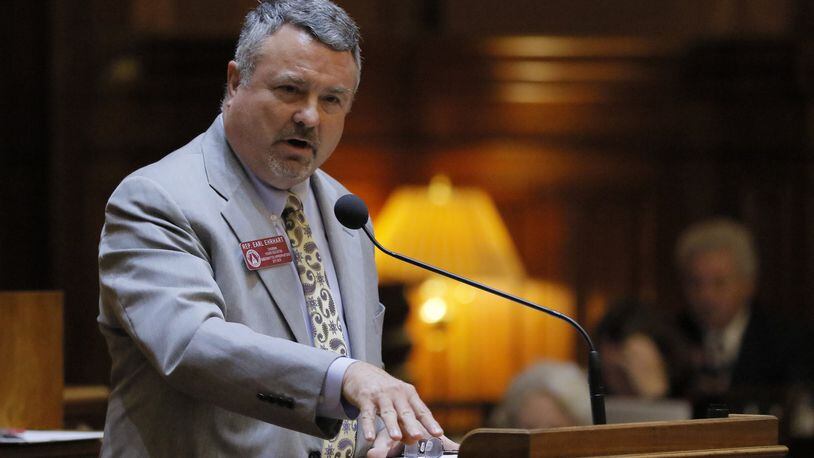 Mar. 28, 2017 - Atlanta - Rep. Earl Ehrhart, R - Powder Springs, presents SB 71. He managed to get his campus rape bill inserted into the bill, which passed the House. Today’s legislation included a measure to allow guns onto any campus in Georgia’s public college and university system, which passed the Georgia Senate, and the Houlse overwhelmingly approved a compromise that would expand the list of disorders eligible for treatment under the state’s nascent medical marijuana program. The 39th legislative day of the 2017 General Assembly. BOB ANDRES /BANDRES@AJC.COM