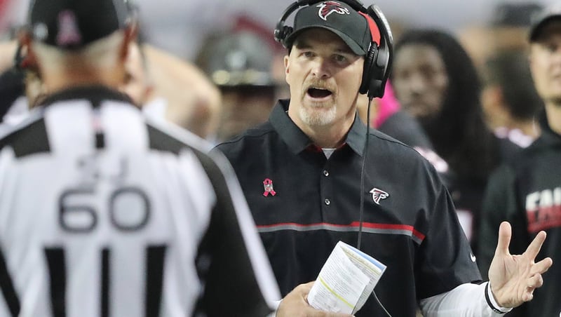 October 23, 2016 Atlanta: Falcons head coach Dan Quinn looks for a call from the official as wide receiver Julio Jones is knocked out of bounds in over time after making a catch that was ruled out of bounds against the Chargers in an NFL football game on Sunday, Oct. 23, 2016, in Atlanta. Curtis Compton /ccompton@ajc.com