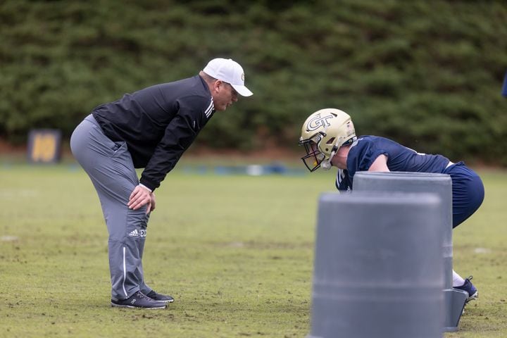 Offensive coordinator Chip Long coaches a player during the first day of spring practice for Georgia Tech football at Alexander Rose Bowl Field in Atlanta, GA., on Thursday, February 24, 2022. (Photo Jenn Finch)