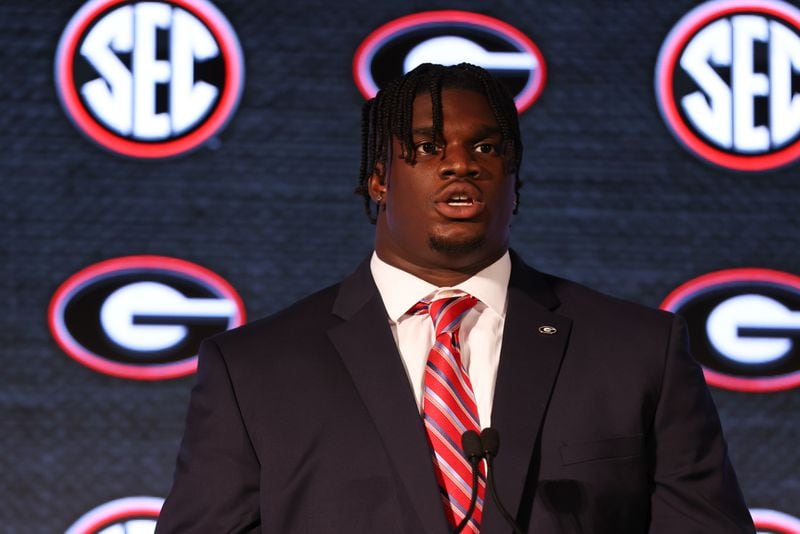 Georgia defensive lineman Jordan Davis speaks to the media during the 2021 SEC Football Kickoff Media Days on July 20, 2021, at the Wynfrey Hotel in Hoover, Ala.  (Jimmie Mitchell/SEC)