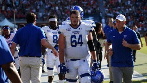 Georgia State's Pat Bartlett, seen here on the sideline of the 2021 game against Auburn, is scheduled to play in a school-record 61st game against Marshall on Saturday.
