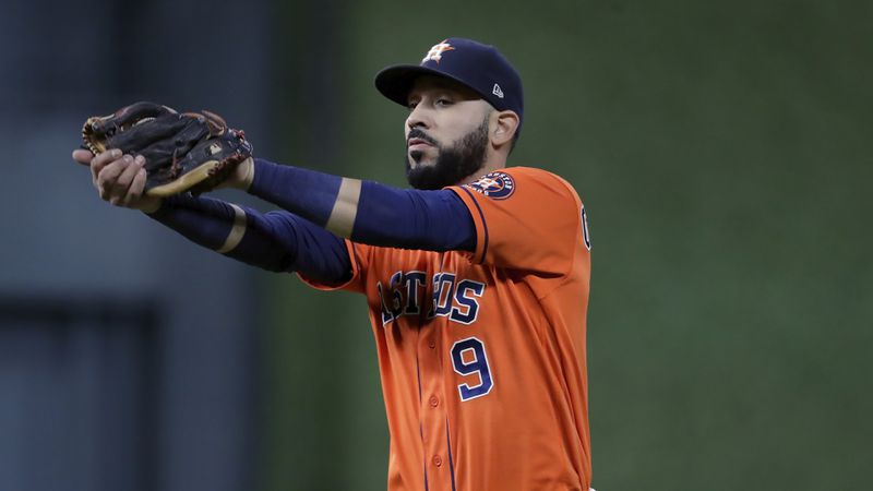 Houston Astros Marwin Gonzalez (9) during a baseball game agains the Oakland Athletics Friday, Oct. 1, 2021, in Houston. (Michael Wyke/AP)