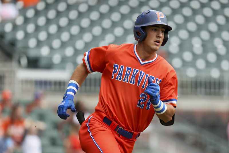 Parkview’s Colin Houck runs after hitting a sacrifice fly scoring a run during the first inning against Lowndes in game two of the GHSA baseball 7A state championship at Truist Park, Wednesday, May 17, 2023, in Atlanta. (Jason Getz / Jason.Getz@ajc.com)