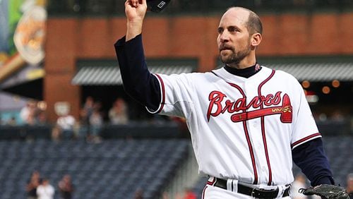 080422 ATLANTA: Atlanta Braves starting pitcher John Smoltz reacts after throwing his 3,000th career strikeout in the third inning becoming only the 16th pitcher in Major League history to reach the mark. Twenty years ago Smoltz threw out Darryl Strawberry on strikes to then catcher Bruce Benedict. Tuesday, April 22, 2008. Pouya Dianat / AJC John Smoltz could be elected to the National Baseball Hall of Fame in his first year on the ballot. Results will be announced Tuesday.