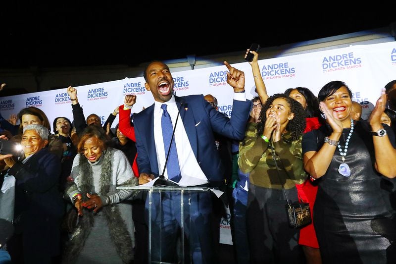 Atlanta Mayor elect Andre Dickens gives his victory address at his election night watch party on Tuesday, Nov. 30, 2021, at the Gathering Spot in Atlanta.   “Curtis Compton / Curtis.Compton@ajc.com”`