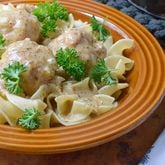 Turkey Swedish Meatballs over noodles are hearty and heart-healthy comfort food. (Virginia Willis for The Atlanta Journal-Constitution)