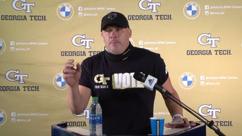 Georgia Tech coach Geoff Collins addresses media via Zoom videoconference October 27, 2020.