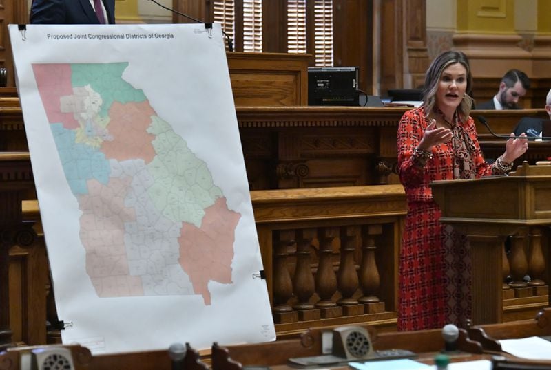 State Sen. Elena Parent, D-Atlanta, speaks in opposition to newly drawn congressional maps that are expected to give Republicans an additional seat in Georgia's U.S. House delegation., (Hyosub Shin / Hyosub.Shin@ajc.com)