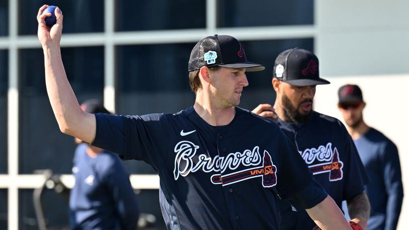 Braves starting pitcher Kyle Wright warms up during Braves spring training at CoolToday Park, Saturday, Feb. 18, 2023, in North Port, Fla.. (Hyosub Shin / Hyosub.Shin@ajc.com)
