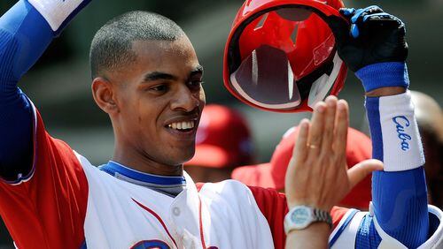 Hector Olivera, shown playing for Cuba in the 2009 World Baseball Classic, could be the Braves’ new third baseman if a proposed three-team deal with the Dodgers and Marlins gets finalized. (Photo by Kevork Djansezian/Getty Images)