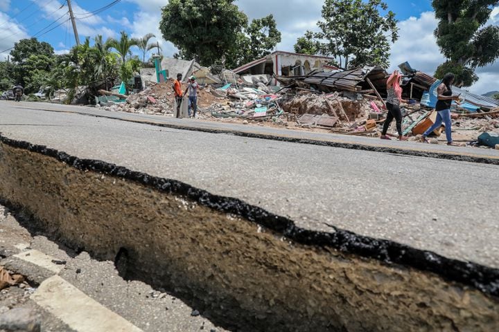 A road that cracked and shifted after an earthquake in the village of Marceline, Haiti, on Sunday, Aug, 15, 2021. (Valerie Baeriswyl/The New York Times)