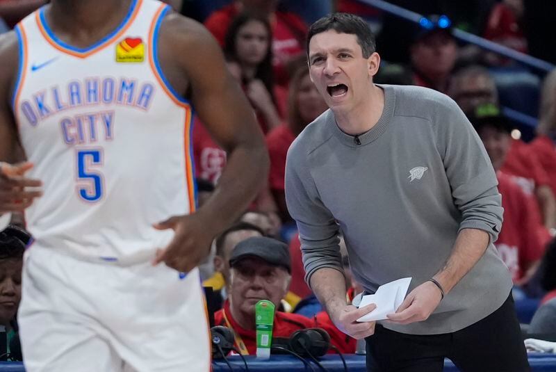 Oklahoma City Thunder head coach Mark Daigneault calls out from the bench in the first half of Game 3 of an NBA basketball first-round playoff series in New Orleans, Saturday, April 27, 2024. (AP Photo/Gerald Herbert)