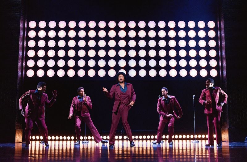 From left, Harrell Holmes Jr., Jalen Harris, Harris Matthew, Marcus Paul James, James T. Lane play the Temptations in “Ain’t Too Proud” at the Fox Theatre. 
Courtesy of Emilio Madrid.