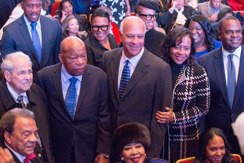 Former Atlanta mayors Andrew Young (bottom row left), Sam Massell (middle row left), Bill Campbell (middle row center) andKasim Reed (middle row right) pose with U.S. Rep. John Lewis (middle row, second from left) and others during the inauguration of Keisha Lance Bottoms as the city’s 60th mayor on January 2, 2018. (ALYSSA POINTER/ alyssa.pointer@ajc.com)