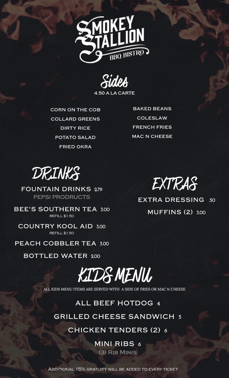 The menu from Smokey Stallion.