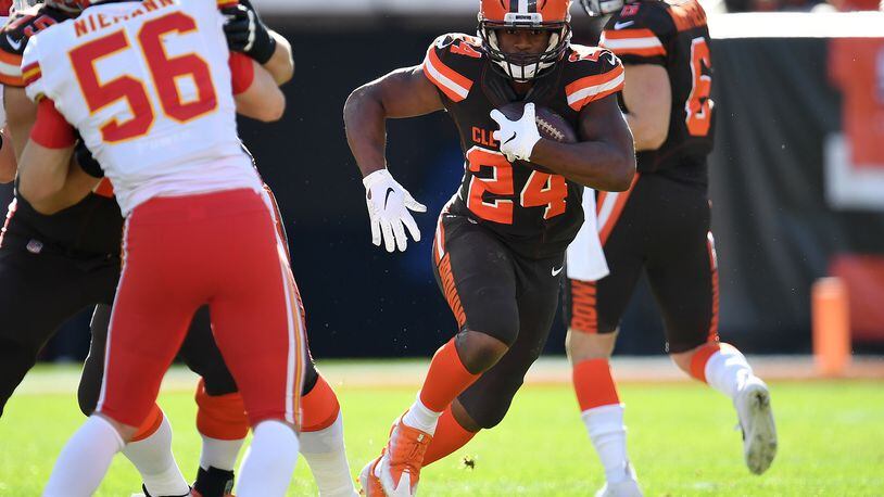 Nick Chubb #24 of the Cleveland Browns carries the ball during the first half against the Kansas City Chiefs at FirstEnergy Stadium on November 4, 2018 in Cleveland, Ohio. (Photo by Jason Miller/Getty Images)