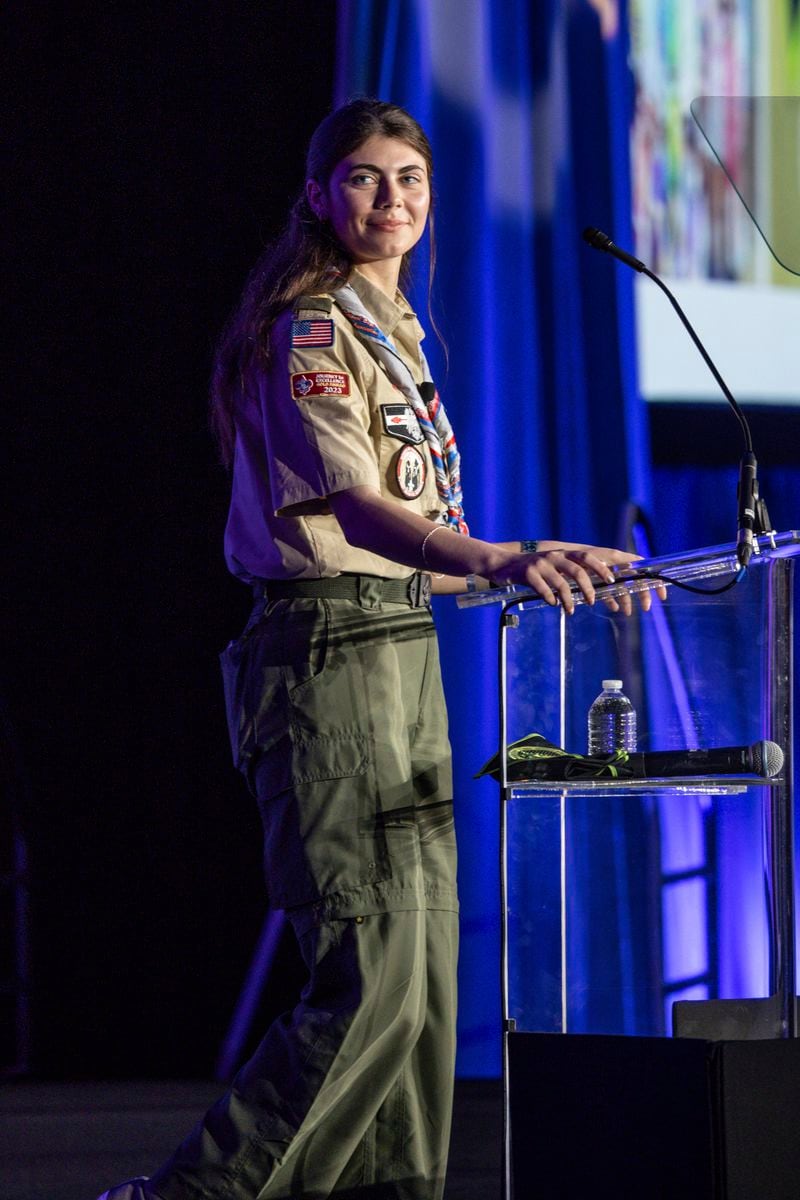 Selby Chipman, 20-year-old, speaks at the Boys Scouts of America annual meeting in Orlando, Fla., Tuesday, May 7, 2024. The Boy Scouts of America is changing its name for the first time in its 114-year history and will become Scouting America. (AP Photo/Kevin Kolczynski)