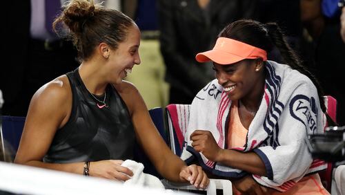 Sloane Stephens, of the United States, right, and Madison Keys, of the United States, talk after Stephens beat Keys in the women's singles final of the U.S. Open tennis tournament, Saturday, Sept. 9, 2017, in New York. (AP Photo/Andres Kudacki)