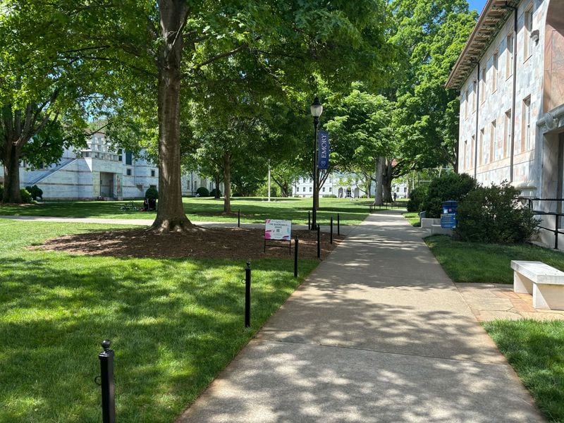 After three days of protests, the quad at Emory University was quiet and empty Sunday morning. The Michael C. Carlos Museum (at left) was among buildings vandalized in the past days, and "Free Palestine" can still be seen despite efforts to remove the graffiti.