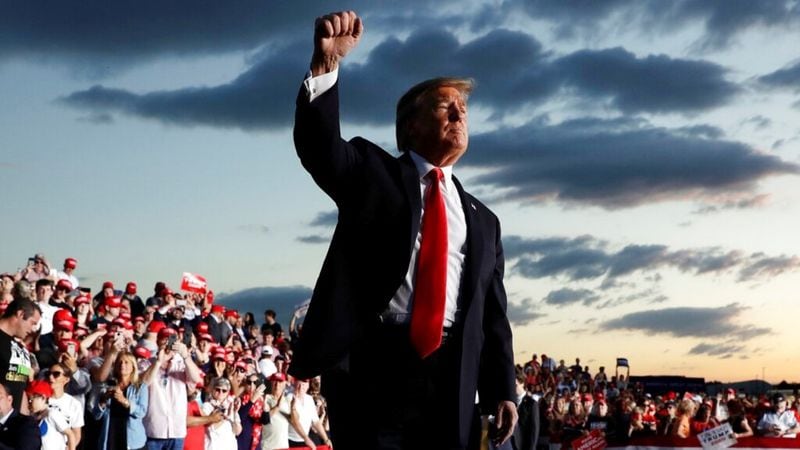 In this May 20, 2019 file photo, President Donald Trump gestures to the crowd as he finishes speaking at a campaign rally in Montoursville, Pa. Trump will be launching his re-election bid this week in Florida. 
