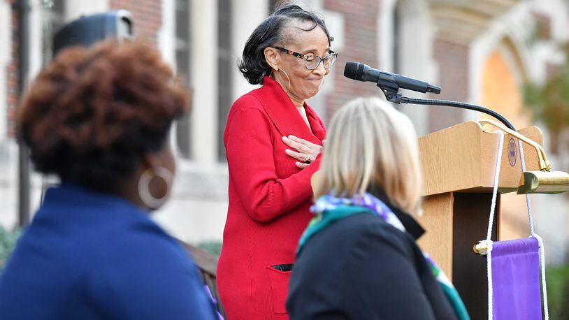Edna Lowe Swift, the first Black graduate of Agnes Scott College, speaks during a ceremony on Nov. 17, 2021 to celebrate the 50th anniversary of her role in the school's history. (Hyosub Shin / hyosub.shin@ajc.com)