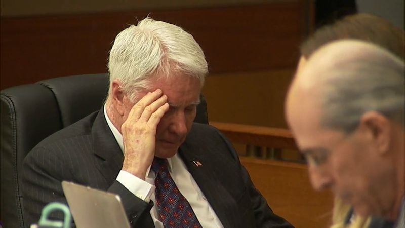 Tex McIver seems to get emotional during the testimony of crime-scene forensics expert Michael Knox, during McIver's murder trial on March 29, 2018 at the Fulton County Courthouse. (Channel 2 Action News)