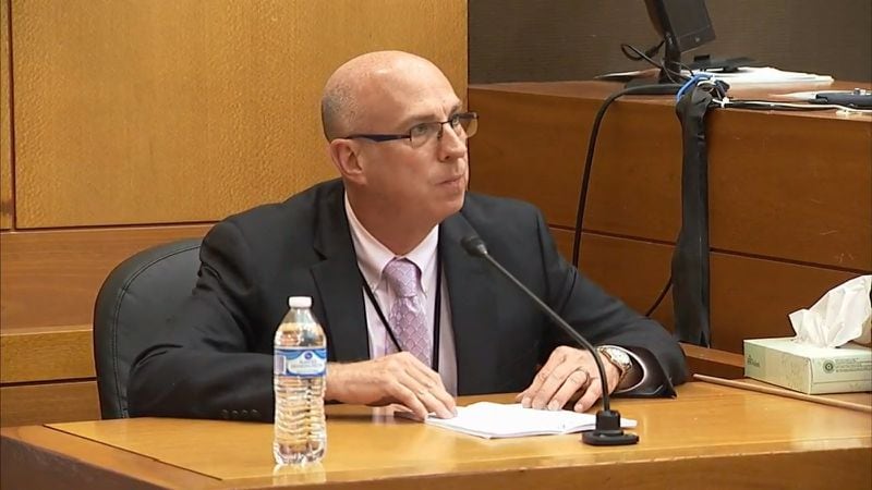 Brett Zimbrick, an Atlanta Police homicide investigator, testifies at the murder trial of Tex McIver on March 22, 2018 at the Fulton County Courthouse. (Channel 2 Action News)