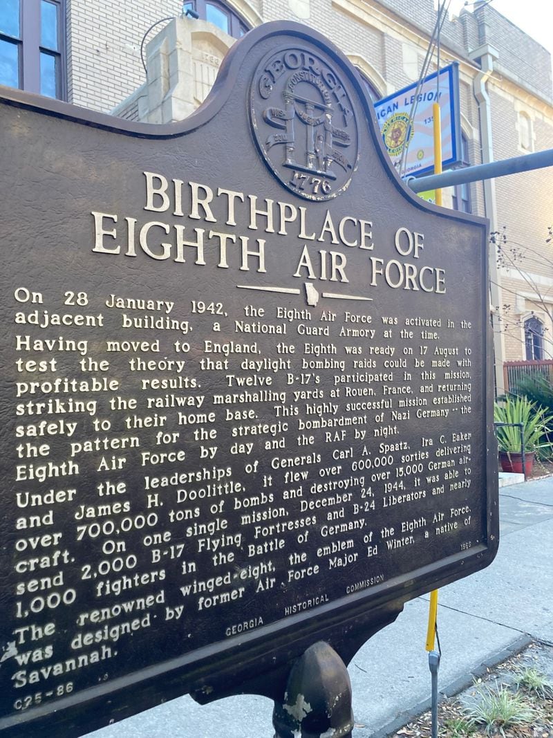 A historical marker stands in front of the Chatham Artillery armory, now the American Legion Post 135, in Savannah. The building was where the Army Air Corps founded the Eighth Air Force during World War II. (Adam Van Brimmer/adam.vanbrimmer@ajc.com)