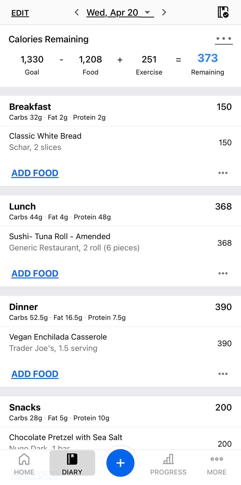 Screenshot from My Fitness Pal: Calorie Counter