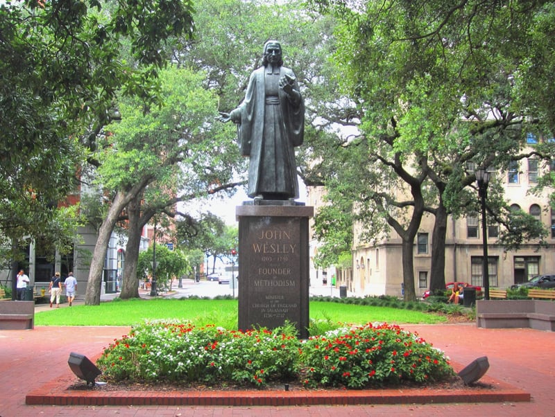A statue of John Wesley, the founder of Methodism, stands in Savannah's Reynolds Square.
