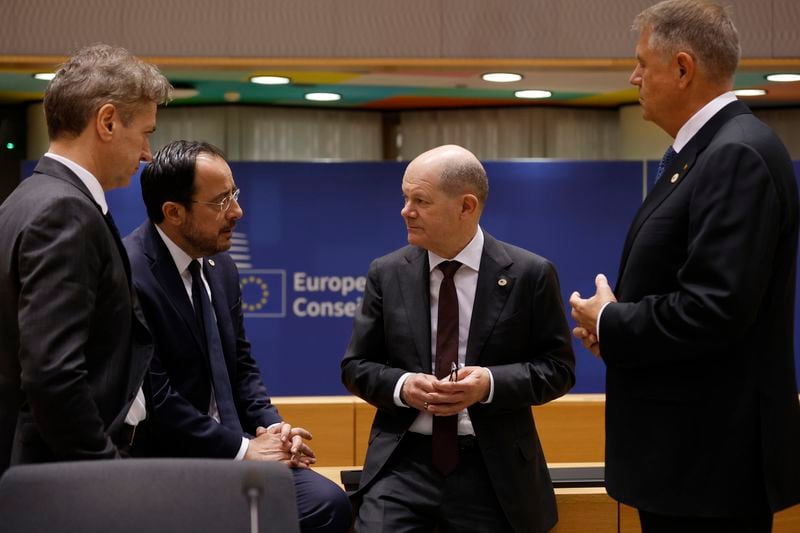 From left, Slovenia's Prime Minister Robert Golob, Cypriot President Nikos Christodoulides, Germany's Chancellor Olaf Scholz and Romania's President Klaus Werner Ioannis during a round table meeting at an EU summit in Brussels, Wednesday, April 17, 2024. European leaders' discussions at a summit in Brussels were set to focus on the bloc's competitiveness in the face of increased competition from the United States and China. Tensions in the Middle East and the ongoing war between Russia and Ukraine decided otherwise and the 27 leaders will dedicate Wednesday evening talks to foreign affairs. (AP Photo/Omar Havana)