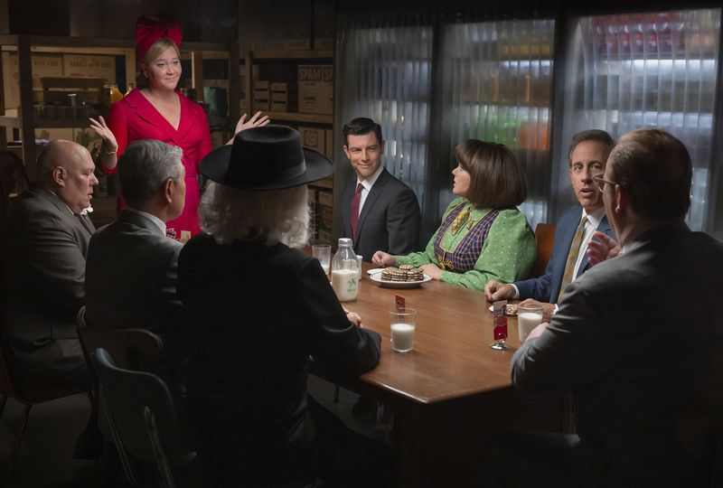 This image released by Netflix shows Amy Schumer, facing camera from left, Max Greenfield, Melissa McCarthy and Jerry Seinfeld in a scene from "Unfrosted." (John P. Johnson/Netflix via AP)