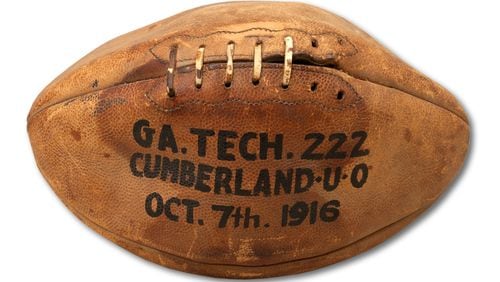 This is the football believed to have been used in Georgia Tech’s historic 222-0 rout of Cumberland in 1916. (Photo courtsey of SCP Auctions)