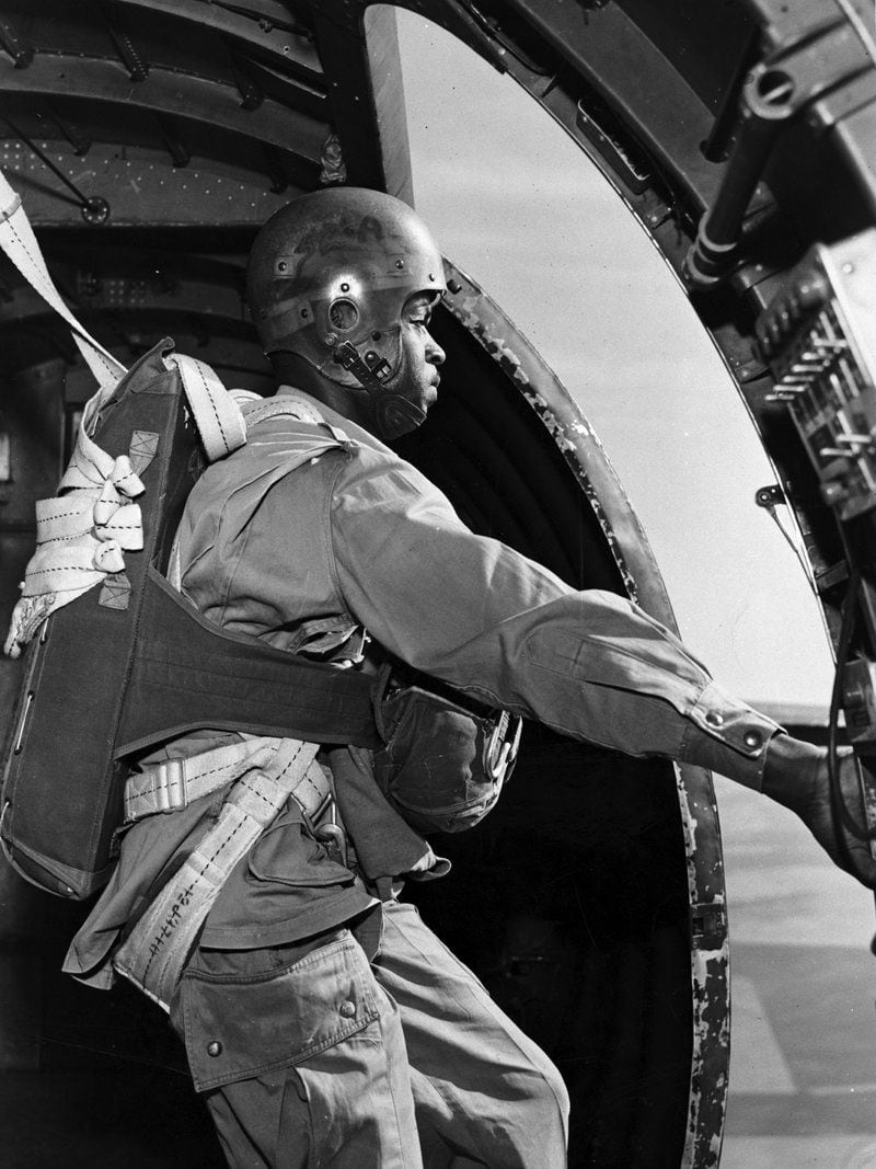 Smokejumper Jesse Mayes prepares to jump from a C-47. Mayes was the executive officer of B-Company of the 555th. (U.S. Army)