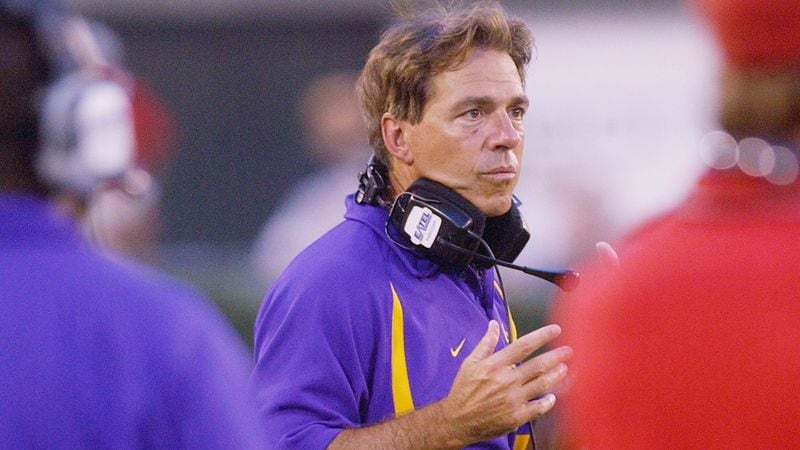 Nick Saban looks puzzled from the sidelines as his Tigers fall to Georgia, 45-16, Oct. 2, 2004,  in Athens.