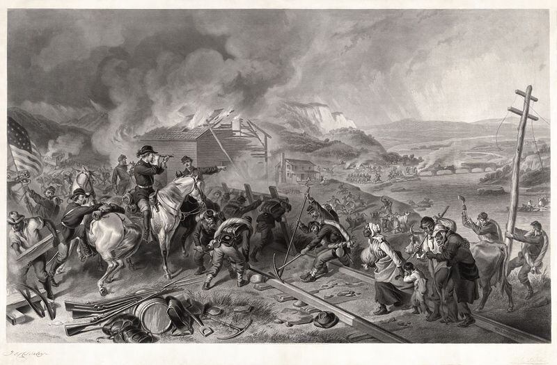 An 1868 engraving by Alexander Hay Ritchie depicting Sherman's March to the Sea. The engraving shows Union soldiers destroying telegraph poles and railroads.